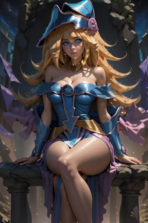 masterpiece, 8k, best resolution, full body, dark magician girl on the throne, sexy crossed legs, medium tits, blonde hair, blue...