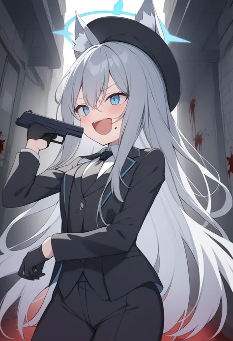 girl，silver long hair, blue eyes, wearing a black suit,black gloves, and black pants, uninhabited alley，laughing, blue halo，blac...