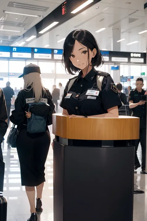 A female airport staff member standing at an information desk in a modern airport terminal. She is dressed in a professional uniform, with a friendly and welcoming expression. The background includes signs in multiple languages, people walking by with lugg...