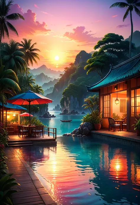 A high quality image of a serene (hot evening) scene with vibrant colors and soft sunset lighting, 8k resolution, hyper detailed with intricate textures and realistic details, inspired by the stunning work of (David Luong).