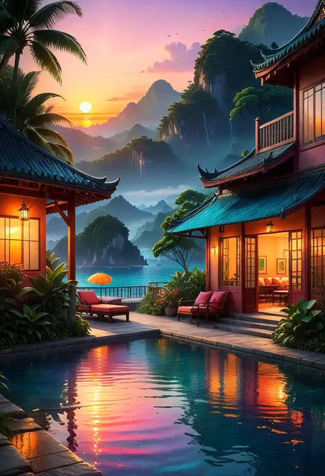 a high quality image of a serene (hot evening) scene with vibrant colors and soft sunset lighting, 8k resolution, hyper detailed...