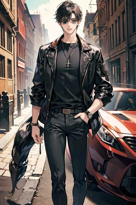 anime - (masterpiece), best quality, seductive eyes, perfect face, handsome man, short messy black hair, long nose, tan brown skin, plain black t-shirt, black leather jacket, black pants, silver watch, black sunglasses, extremely tall man, long legs, long ...