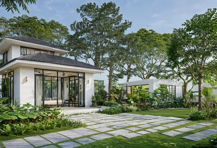 A highly detailed, high-resolution render of a indochine villa garden house with a width of 7 meters, 1 story. The house features a sloped roof with a white facade and black-framed windows, similar to the provided image. The front yard includes a well-main...