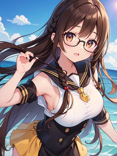 1 Female、Brown hair、Brown Eyes、Best Quality、Super detailed、8 Resolution、Raw photo、Mastepiece、Perfect Body、high resolution、Highest quality、Detailed drawing、Vibrant colors、lure、Black-rimmed glasses、Captivating breasts、Braid、Sailor suit