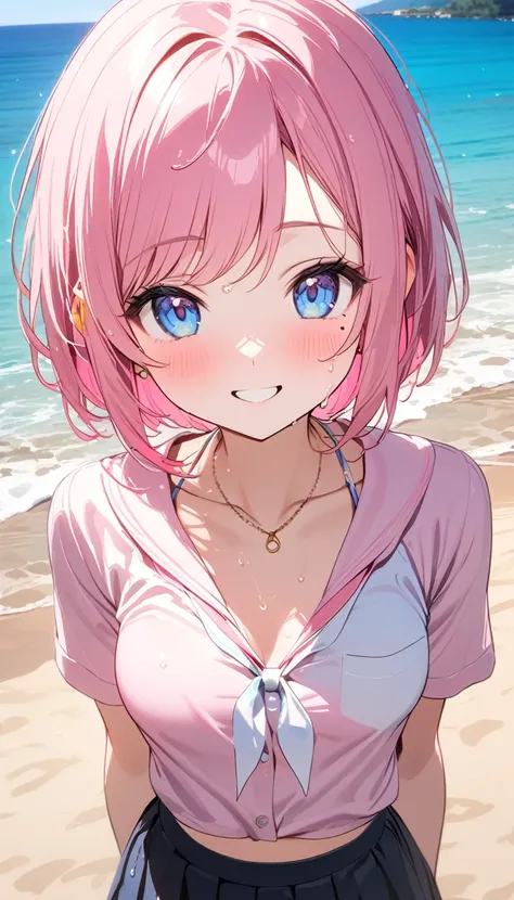 (1 girl),(Best Picture Quality, 8K, Masterpiece:1.3), (high school student:1.5), ((pink lob hair:1.1)), (bob cut),(swept bangs), (cute eyes, pupil black, iris skyblue, youthful face), (mole under right eye), (standard weight), (small breasts), (glistening ...