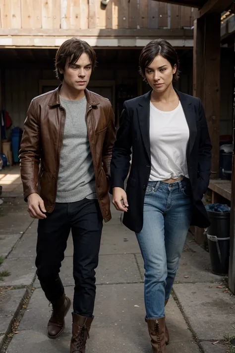 Damon Salvatore and Zara short hair lady finish their work and prepare to leave. Damon tosses his jacket over his shoulder, his sturdy boots kicking up dust. Zara ties her short hair back, ready for action. They exchange a final look, a silent acknowledgme...