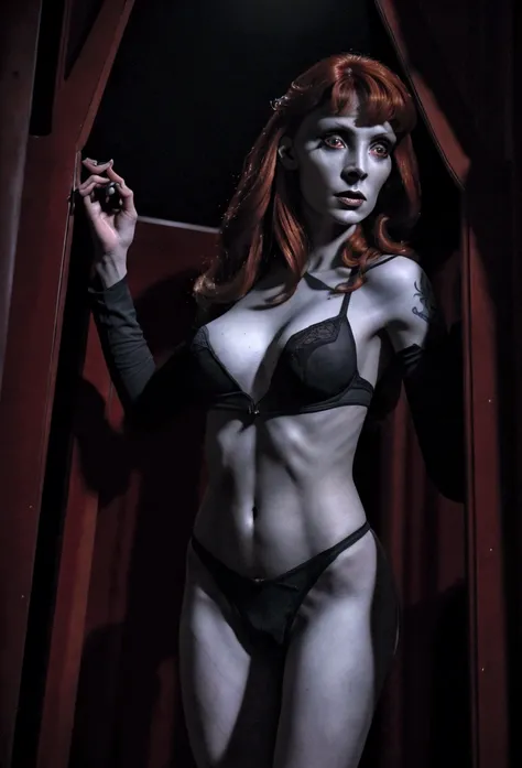 A dark elf (Beverly Crusher, age 30), pale white skin, large pointy ears, blood red eyes, large evil tattoos, sheer black lingerie, posing sultry in her summoning chamber, entire body, (best quality,4k,8k,highres,masterpiece:1.2),ultra-detailed,(realistic,...