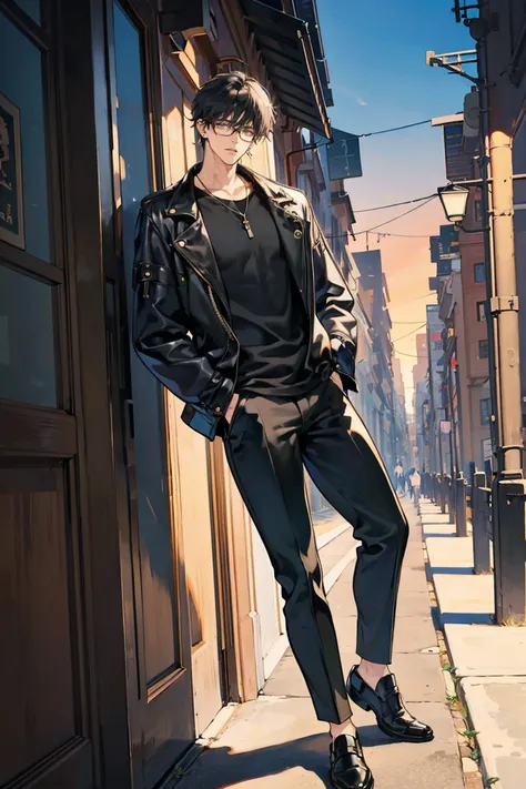 anime - (masterpiece), best quality, seductive eyes, perfect face, handsome man, short messy black hair, long nose, tan brown skin, plain black t-shirt, black leather jacket, black pants, silver watch, black glasses, extremely tall man, long legs, long cal...