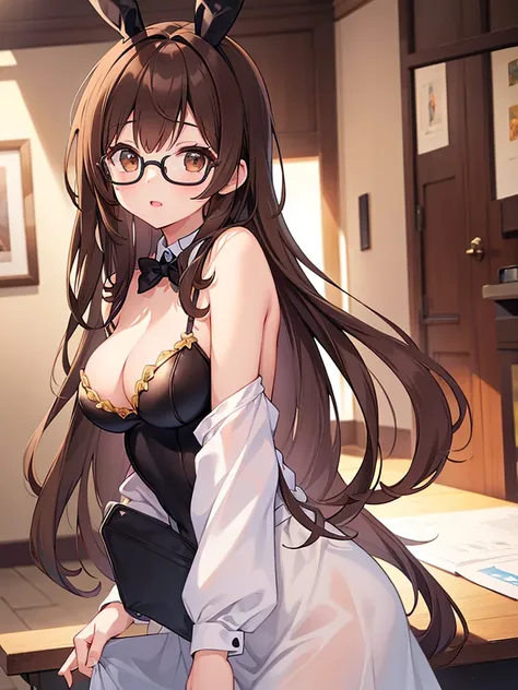 1 Female、Brown hair、Brown Eyes、Best Quality、Super detailed、8 Resolution、Raw photo、Mastepiece、Perfect Body、high resolution、Highest quality、Detailed drawing、Vibrant colors、lure、Long Hair、Black-rimmed glasses、Captivating breasts、Bunny girl