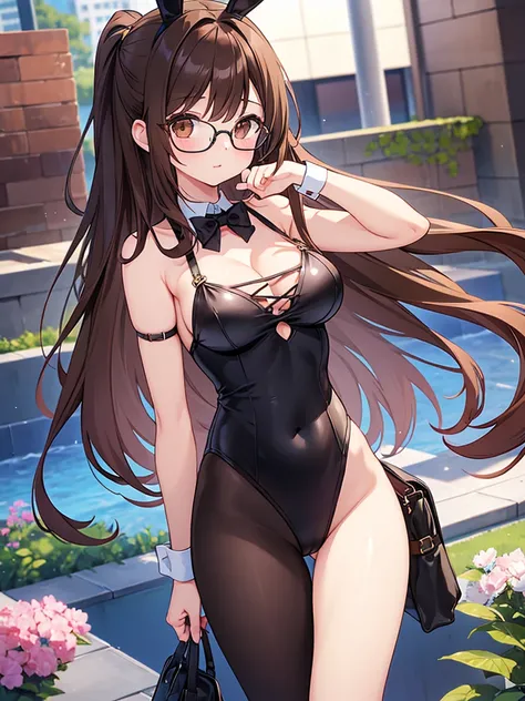 1 Female、Brown hair、Brown Eyes、Best Quality、Super detailed、8 Resolution、Raw photo、Mastepiece、Perfect Body、high resolution、Highest quality、Detailed drawing、Vibrant colors、lure、Long Hair、Black-rimmed glasses、Captivating breasts、Bunny girl