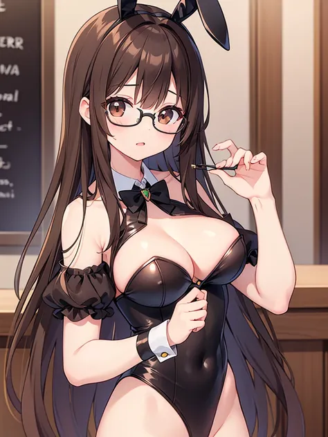 1 Female、Brown hair、Brown Eyes、Best Quality、Super detailed、8 Resolution、Raw photo、Mastepiece、Perfect Body、high resolution、Highest quality、Detailed drawing、Vibrant colors、lure、Long Hair、Black-rimmed glasses、Captivating breasts、Bunny girl