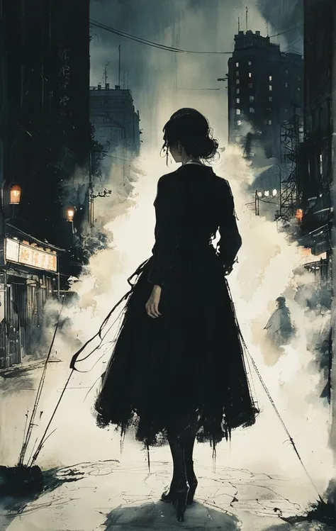 「I bow my head as if I were in despair.、Woman walking in a dark city。The desperate woman suddenly、Illuminated by the intense brightness of car headlights、The world is instantly illuminated in pure white light......。 」