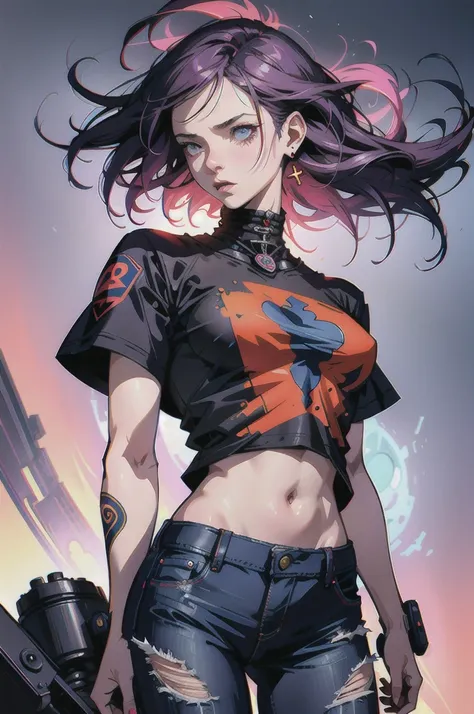 Aesthetic, horror Devil dark painterly style, modern ink, girl Sakura + girl Goku, pink red blue dark jeans short tshirts stars tattoo, expressive pose, urbanpunk, multi-layered perfect texture background, neo-expressionist, Russ Mills, Ian Miller, Harriso...