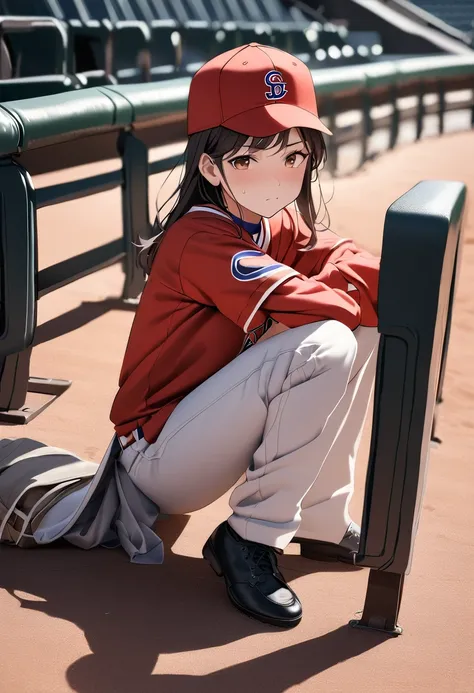 RAWphotograph、Highest quality、ultra High resolution、High resolution、masterpiece:1.3、Arabian woman sitting on a bench at an MLB baseball stadium, A trout is sticking out of his pants, looking sad, sad look, Feel free to sit, Kneel, 流出したphotograph, photograp...