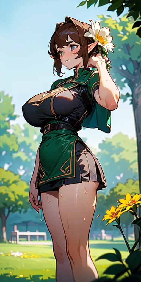 (((masterpiece, best quality, High Resolutions, 1girl, beltt, short miniskirt, Standing, outdoor, Featured, Flower ))), (link:1.5), legend of zelda, GS-womanly, bronde,  Sweat, Wet, (gigantic breasts:1.2)