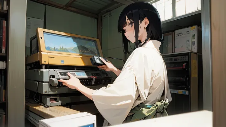 Very beautiful 18 year old Japanese girl,Holding an old cassette tape,The cassette tape is facing forward,