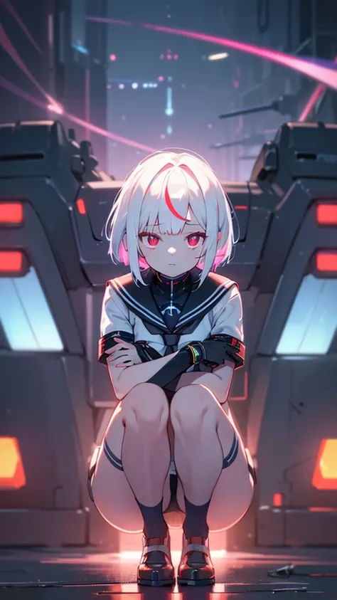 a mechanized girl, white hair, short hair, red eyes, mechanical sailor uniform, seven-colored night sky, neon colors, neon lights, light streaks, squatting, best quality, ultra-detailed, masterpiece, shallow depth of field