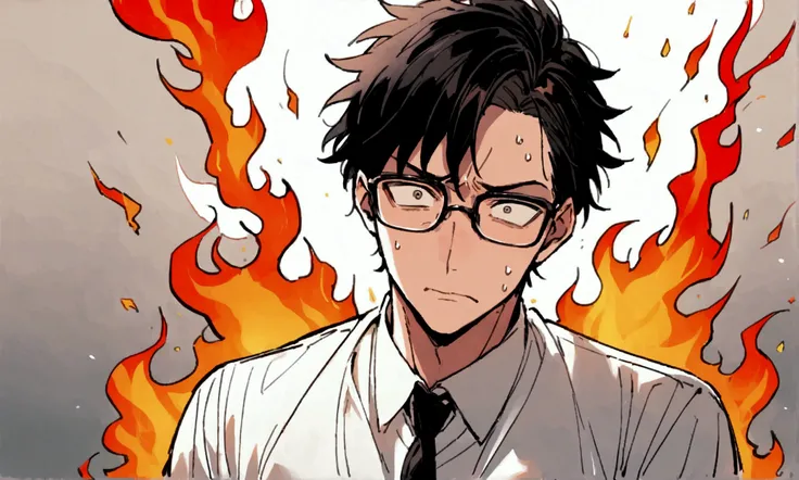 30-year-old male, Black short hair, Stern expression, Wearing a white shirt、Wearing a tie and glasses.Sweating