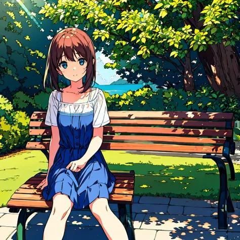 Summer girl sitting on bench sunlight through the trees simple nostalgic