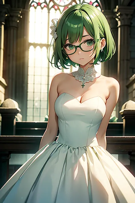 high school girl、Glamour、Green Hair、short hair、Round glasses、short body、Get angry、Pure white wedding dress、Stone church、Stone Cathedral、