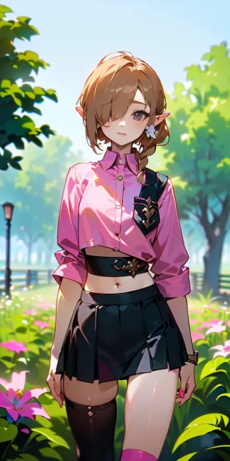 (((masterpiece, best quality, High Resolutions, 1girl, Hair over one eye, jewely, single thighhigh, midriff, black skirt, asymmetrical legwear, Pink shirt, black thighs, bronde short miniskirt, Standing, Shot cowboy, outdoor, Featured, Flower ))), (link:1....