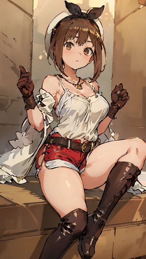 (Highest quality, 8K, masterpiece :1.3),Lizaリン・シュタウト(Lizaのアトリエ),Liza, One woman,Large Breasts,short hair,Brown Hair,hair band,Clothing,hat,White shirt,White camisole,Red shorts,Brown long boots,Full Nelson,Leg spread,nsfw,Plump body,Thighs