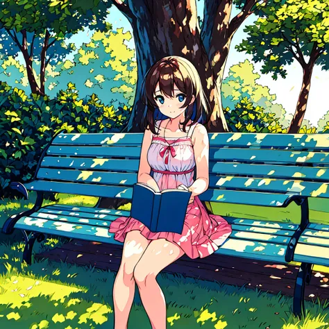 Summer A girl is sitting on a bench Sunlight through the trees Simple Nostalgic Reading a book