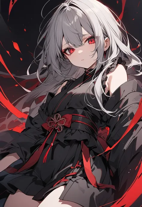 Japanese girl　half-closed red eyes　Gray Hair　Black Dress