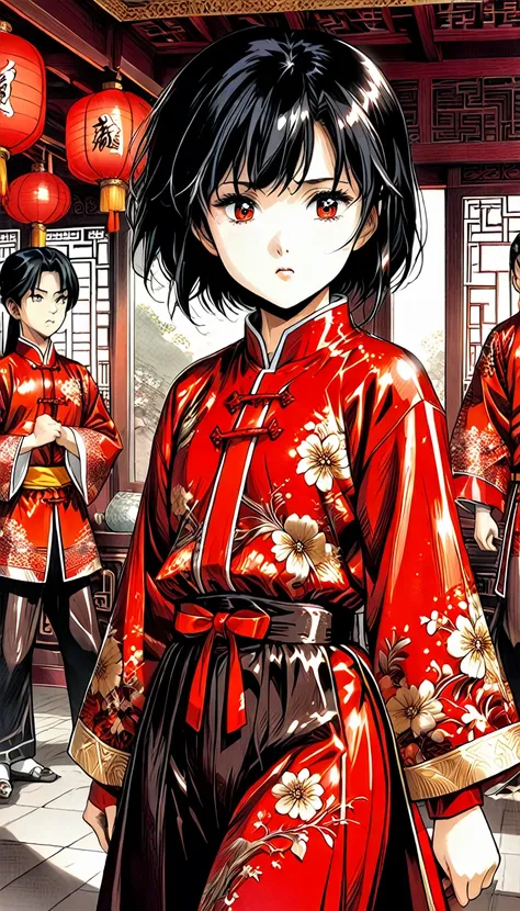 A tragic historical drama depicted in 8K live-action style: Beautiful palace secrets　A beautiful 10-year-old Chinese kung fu girl with short black hair, Hime、Forced to wear excrement pants　Gorgeous embroidery, Ultra glossy, She is wearing a shiny red top a...