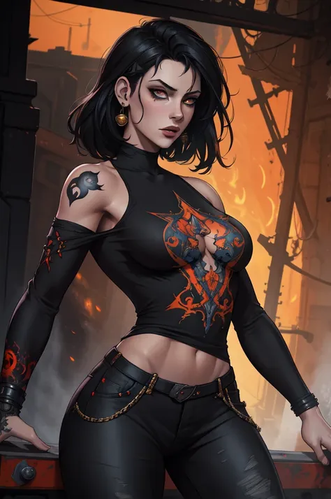 aesthetic, horror devil dark painterly style, modern ink, girl celina + jil valentine withe black orange blood dark jeans short ...