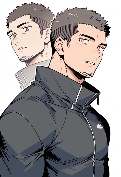 anime characters：Priapus, Muscle Sports Student, Buzz Cut, Manliness, male focus, Light Grey high collar long sleeve tight T-shirt, Very tight, full and perky chest muscles, muscular male, muscular, only, Upper body, alone, Black short hair, Thick eyebrows...