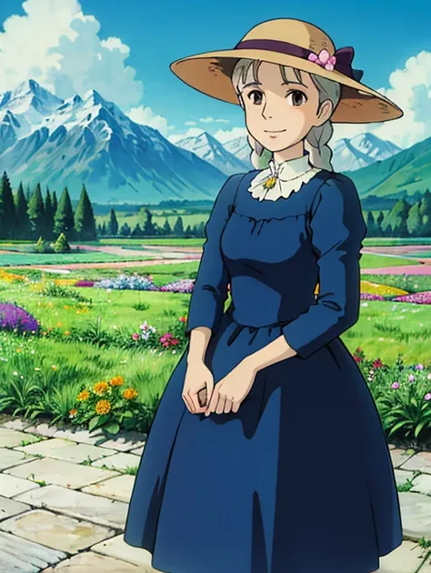 Ghibli style,(mature),woman,Light brown eyes,Snow Mountain,masterpiece,Flower Field,Flowers,holding Flowers,Sophie,(Straight hair),Gray Hair,smile,plain blue dress,High collar,Beige sun hat with ribbon,(whole body:0.6),Long braids,(alone),Thin bangs :1