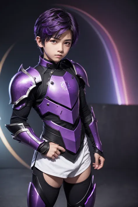 Boy with purple and black armor and short rainbow-tipped hair 