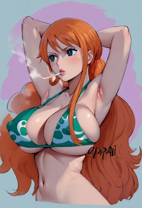 a cartoon picture of a woman in a bikini top and jeans, nami one piece, nami from one piece, nami, beautiful portrait of nami, from one piece, oppai, blue eyes, smoking, ponytail, nsfw