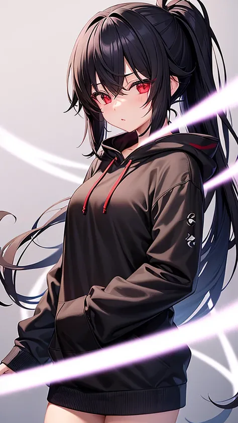 One girl、Red eyes、Black Hair、Black hoodie、Too much exposure、cute