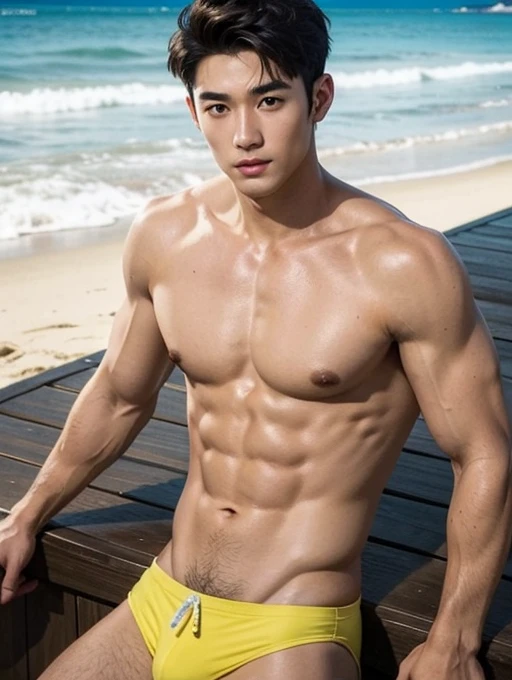 a naked man, vivid color swimwear, wearing flashy accessories、beach、resort、Bar counter on the beach、Cocktail in one hand、Shy、Completely naked、shirtless , realistic handsome Japanese face , modest muscles , masterpiece、A high resolution、Hyperrealism、detaile...