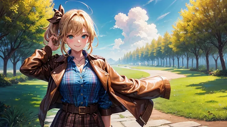 1girl, solo, village, trees, sun, clouds, ((colorful hair)), side ponytail, large breasts, ((brown leather jacket)), button down shirt, ((blue checked shirt)), ((unbuttoned shirt)), unbuttoning buttons, cleavage 1:3 green eyes, long skirt, brown boots, smi...