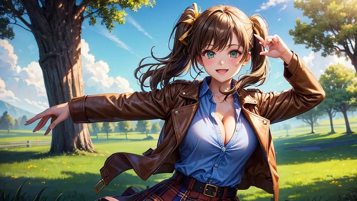 1girl, solo, village, trees, sun, clouds, ((colorful hair)), side ponytail, large breasts, ((brown leather jacket)), button down shirt, ((blue checked shirt)), ((unbuttoned shirt)), unbuttoning buttons, cleavage 1:3 green eyes, long skirt, brown boots, smi...