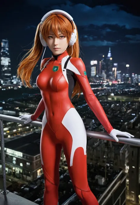 (masterpiece, best quality, detailed), 1girl, solo, outdoors, full body, night, cityscape, rooftop, railing, standing,
souryuu asuka langley, interface headset, two-toned bodysuit, eyepatch  