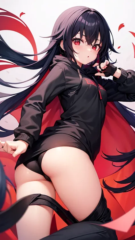 One girl、Red eyes、Black Hair、Black hoodie、Too much exposure、cute、Small breasts