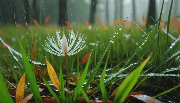 there is a Eleutherine bulbosa that is sitting on the grass, nature documentry footage, youtube video screenshot, todays featured photography 4k, autumn rain turkel, nature photography 4k, november, cinematic widescreen shot, leaves and magic, high quality...