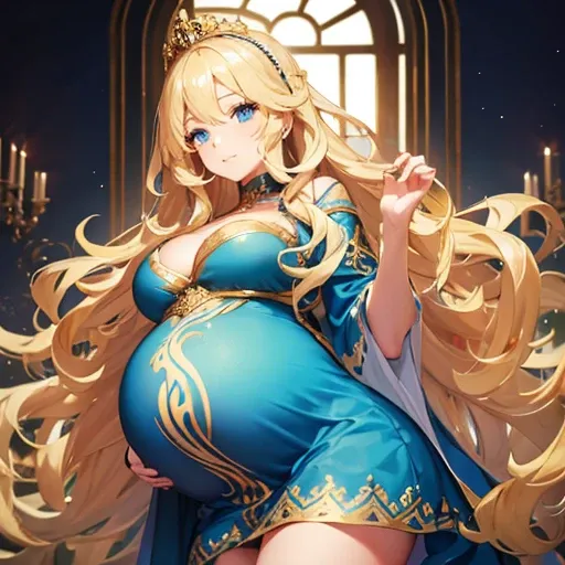 Beautiful pregnant queen, wavy blonde hair, blue eyes, ornate light blue dress with gold details, cleavage 