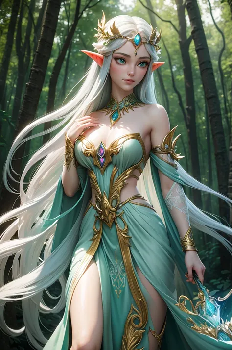 elfa

A beautiful elf with long flowing silver hair, piercing emerald eyes, and delicate pointed ears. She has a slender and graceful figure, dressed in a flowing ethereal gown made of shimmering moonlight fabric. The gown is adorned with intricate silver ...