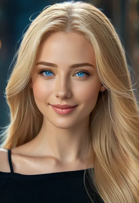 hyper realistic,,aqheodd, realistic style, a woman with long blonde hair and a black top, 1girl, solo, long hair, looking at viewer, smile, blue eyes, blonde hair, upper body, lips, realistic, sharp focus, intricate, elegant, highly detailed, very artistic...