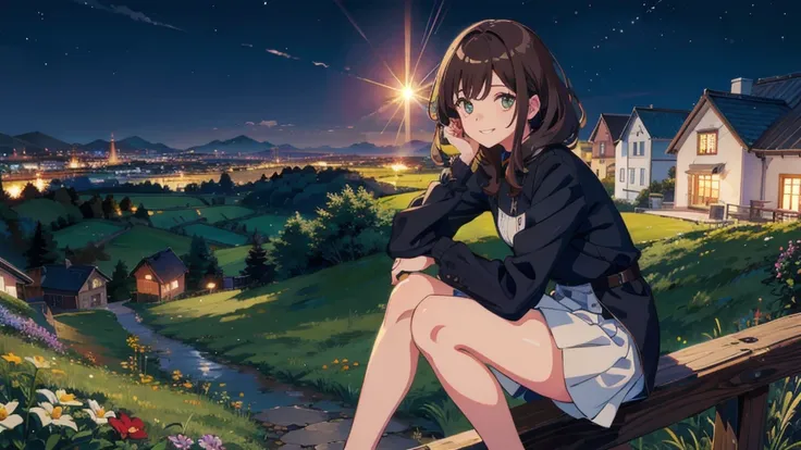 masterpiece,Highest quality,One Girl,The hair color is brown, Eye color: black, smile,countryside,Cityscape,night景,Flowers and plants,scenery,night,Light Perception,soft,