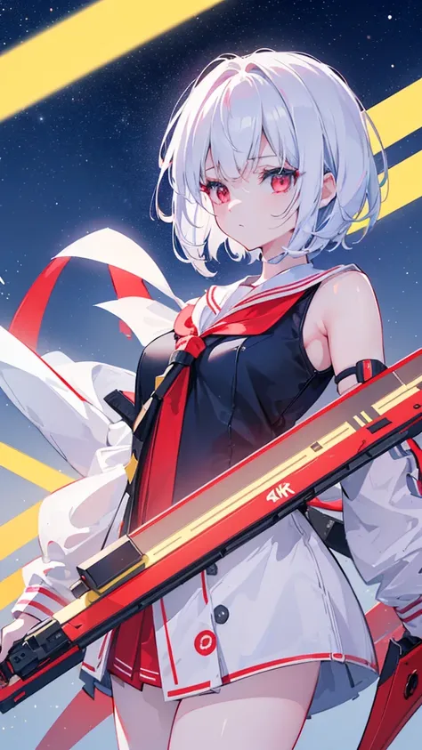 a girl with short white hair, red eyes, wearing a mechanical sailor uniform, standing in a night sky with neon colors and lights, holding two pistols and looking up diagonally, (best quality,4k,8k,highres,masterpiece:1.2),ultra-detailed,(realistic,photorea...