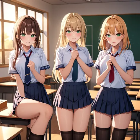 (3girls), (3 young schoolgirls) , school clothes, thigh highs, Teasing, sexy pose, putting on a show for the viewer, dynamic, classroom, dusk, (dim lighting), devious smile, light blonde, dark red, brown, light blue eyes, brown eyes, green eyes, (three Sex...