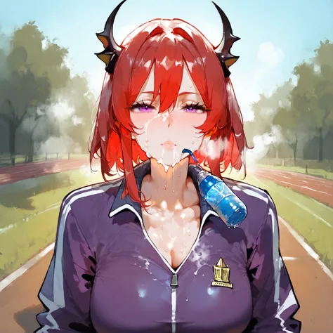 score_9, score_8_up, score_7_up, score_6_up,floox style,surtr, arknights, red hair,big breasts,,collarbone, jacket,purple jacket, purple track suit, sportswear, standing, steam, steaming body, sweat,, track jacket, track pants, track suit, outdoors, pours ...