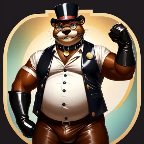 Solo, Male, fat, extremely obese, gentleman, dapper Professor Otter, blue eyes, (posing:1.3), (soft shading), 4k, hi res, ((detailed face, detailed)), looking at viewer, mouth wide open, steampunk, collared shirt with buttons, top hat, male focus, Explorer...