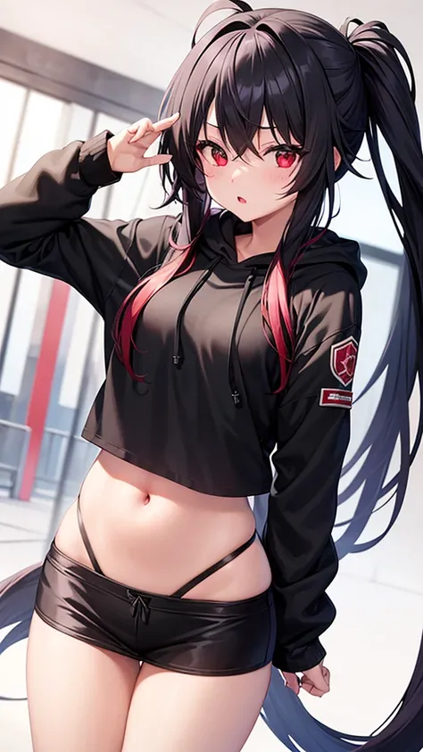 One girl、Red eyes、Black Hair、Black hoodie、Too much exposure、cute、Small breasts